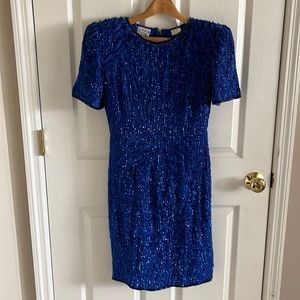 Vintage Stenay 100% Silk Royal Blue Sequin Beaded Short Sleeve Dress Size 4